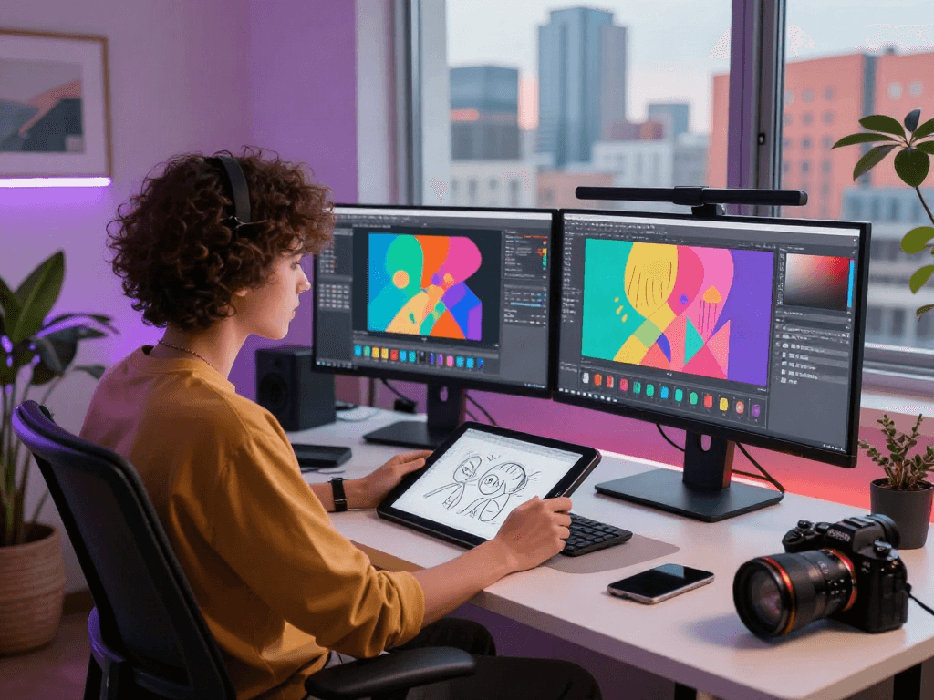Designer creating AI NSFW art in a vibrant digital workspace with multiple screens.