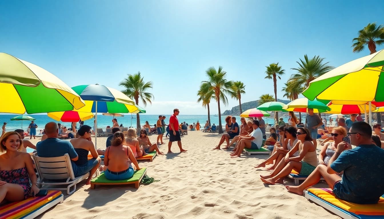 Gathering at a sunny Lloret de Mar beach, highlighting the cannabis culture on Weedmaps Lloret de Mar.