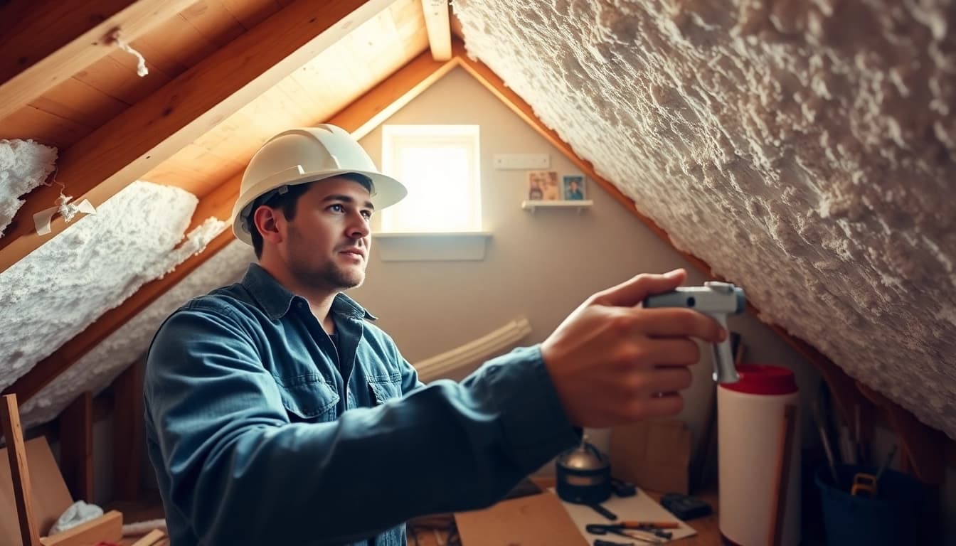 Lenders refusing spray foam insulation; contractor inspects detail in attic setting.