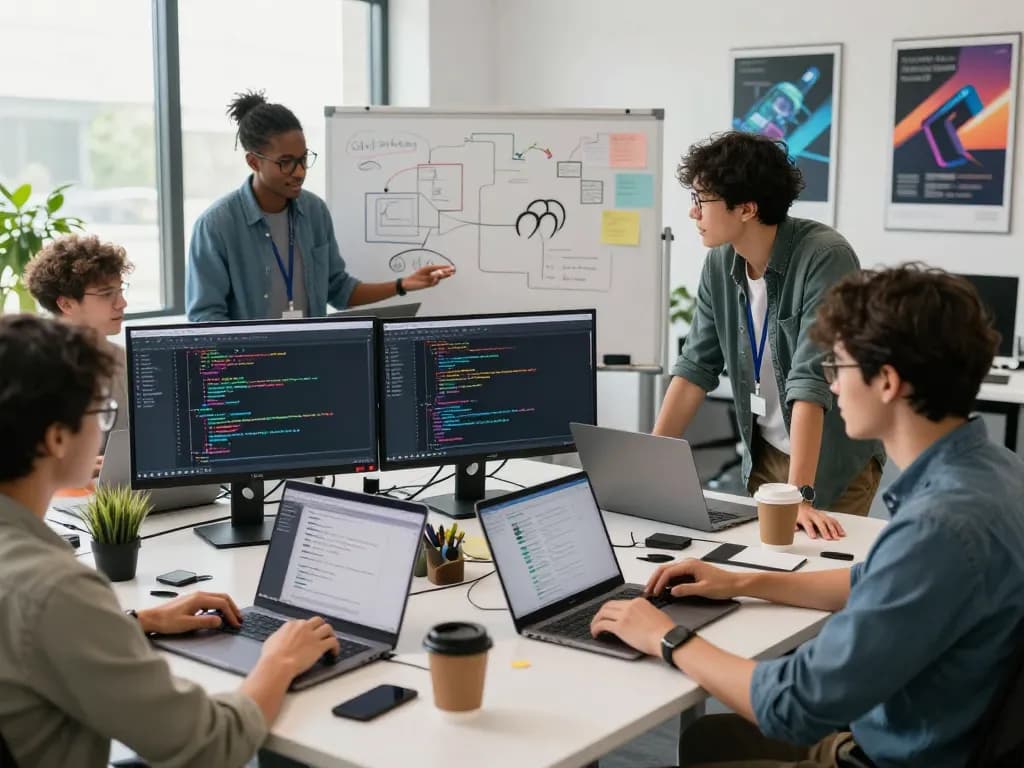 Collaborative tech team coding together on open claw AI projects in modern office.
