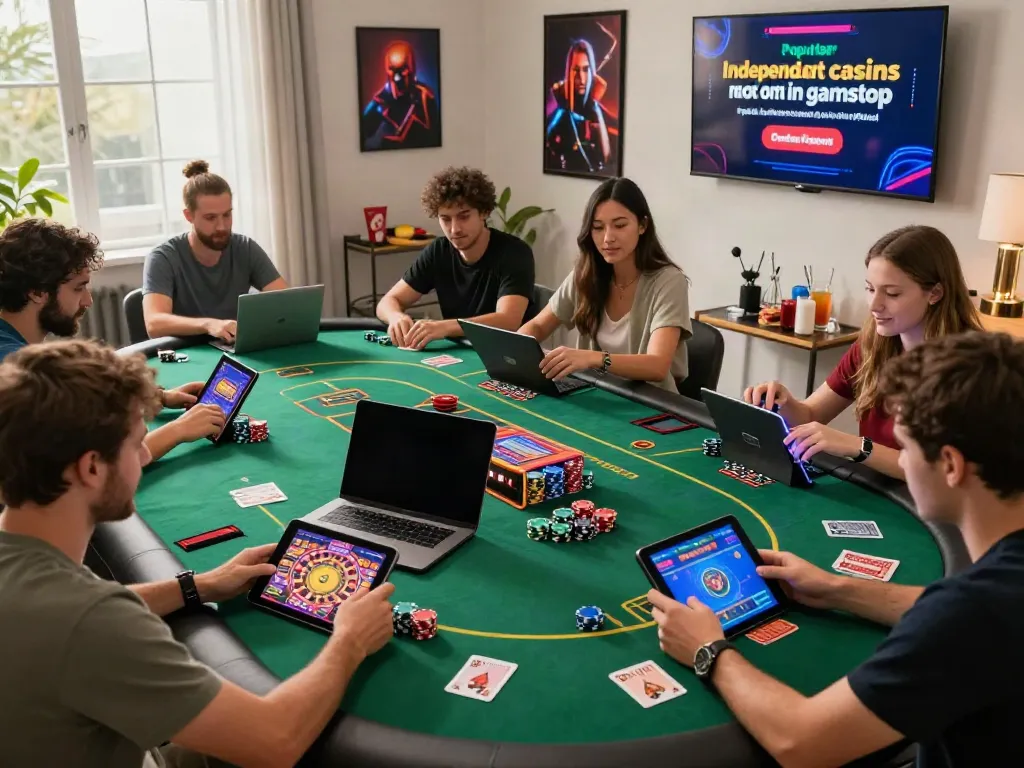 Players enjoying games from independent casinos not on gamstop at a stylish home setup with vibrant decor.