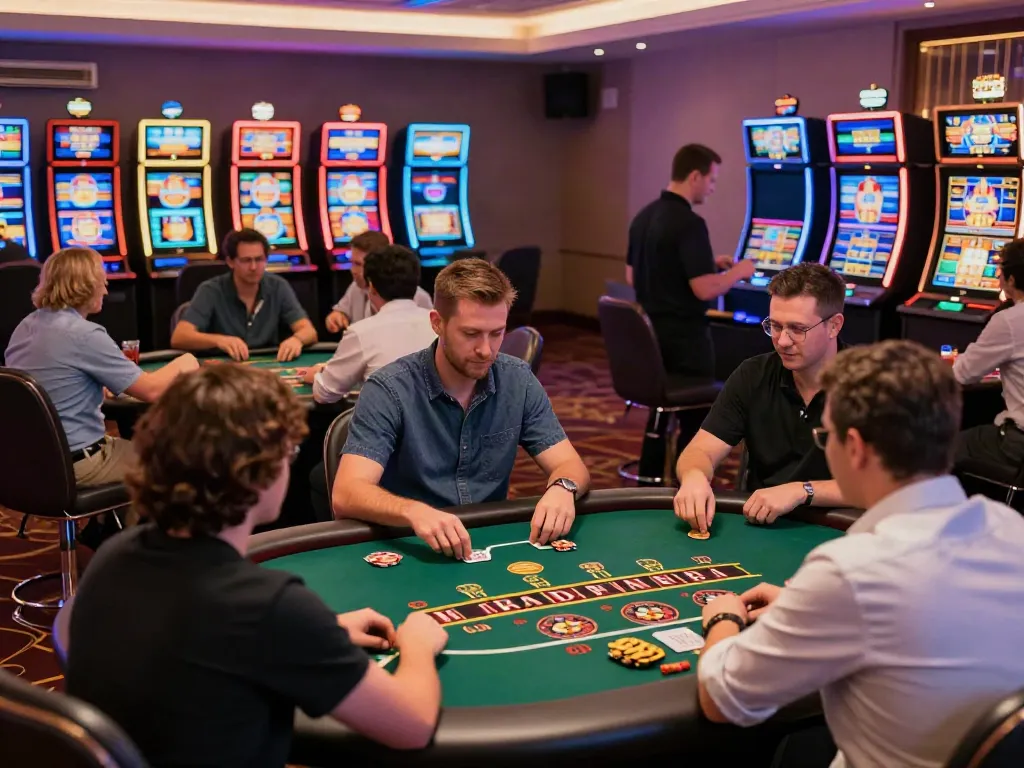 Exciting gaming atmosphere at independent casinos not on GamStop, with players and vibrant slot machines.