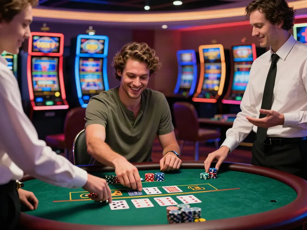 Player enjoying blackjack at independent casinos not on gamstop with lively atmosphere and colorful decor.