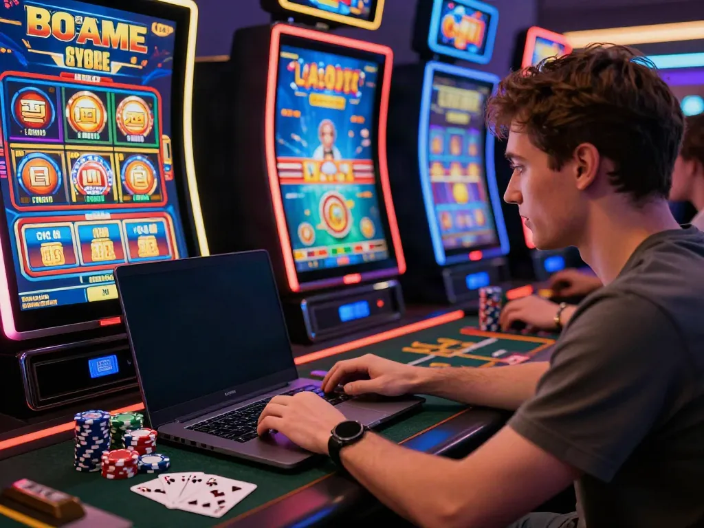 Engaged player exploring independent casinos not on GamStop with vibrant gaming graphics.