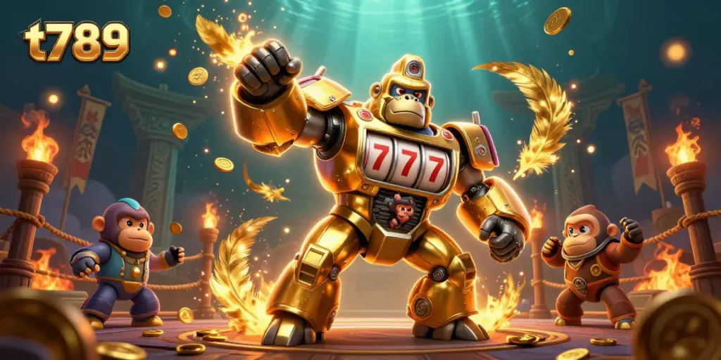 Experience thrilling action with the golden gorilla mech in t789's dynamic casino arena, featuring slot machine elements.