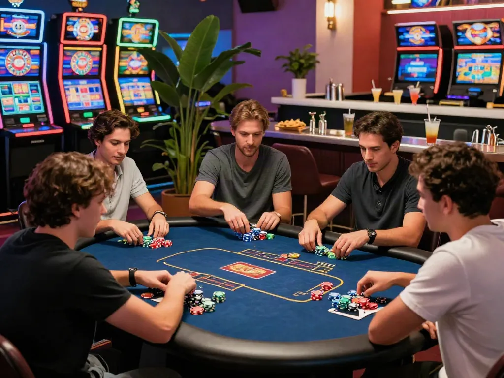 Group of friends enjoying games at independent casinos not on GamStop, vibrant atmosphere and lively interactions.