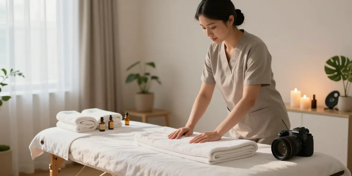 Experience premium 금정출장마사지 in a peaceful home environment with a professional therapist preparing for your soothing session.