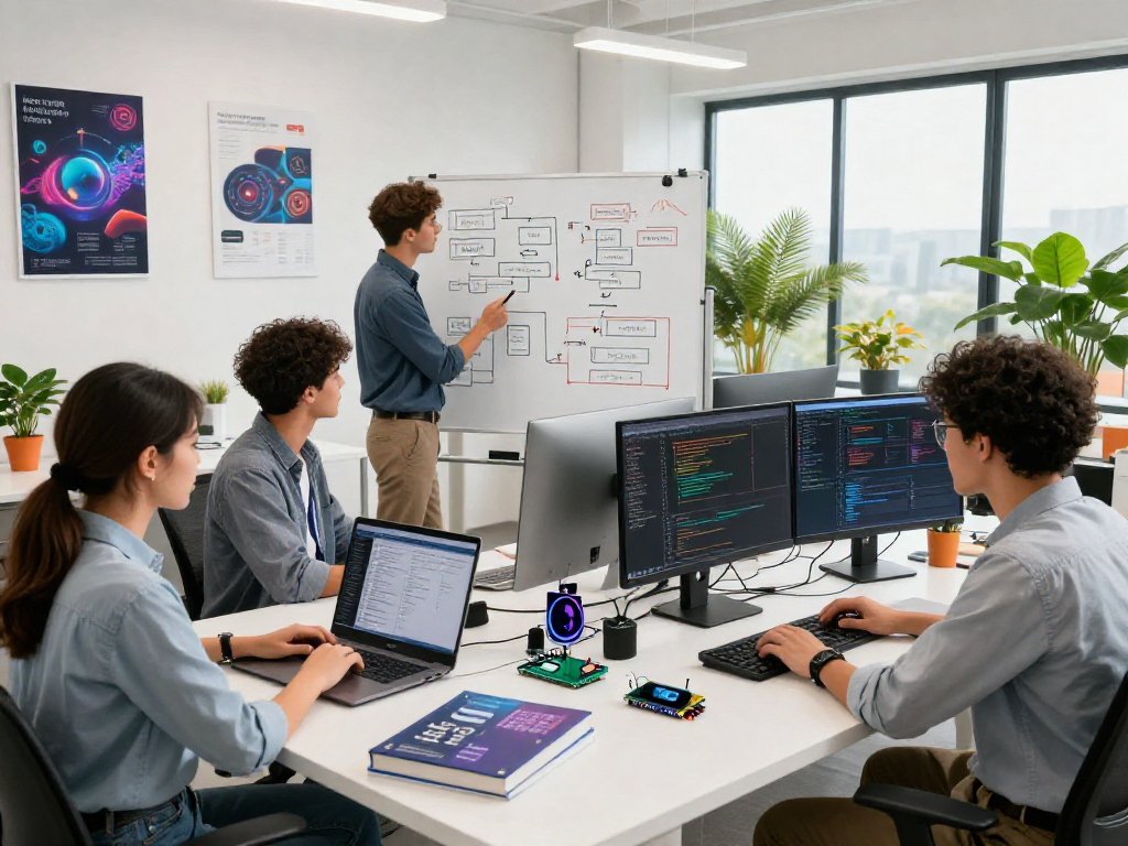 Diverse team collaborating in an innovative workspace on juicy ai projects.