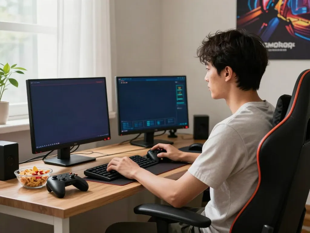 Person enjoying online gaming at independent casinos not on GamStop in a cozy home office