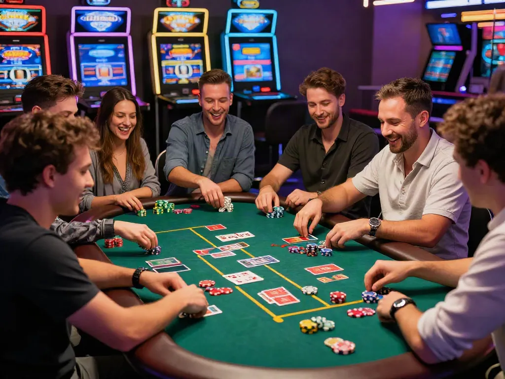 Exciting scene at independent casinos not on GamStop, players enjoying games and vibrant atmosphere.