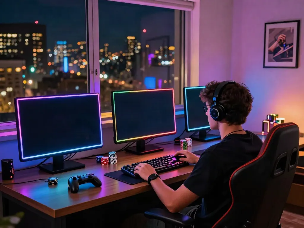 Engaging scene of a player at independent casinos not on GamStop, showcasing gaming setup with LED lights and city skyline.
