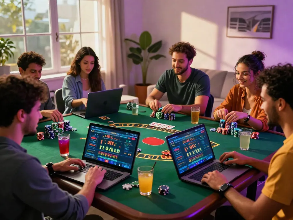 Independent casinos not on gamstop gamers enjoying an online blackjack session at home with vibrant lighting.