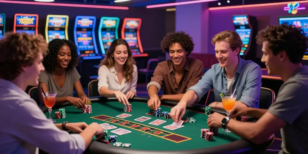 Group of friends at independent casinos not on gamstop enjoying a lively gaming night