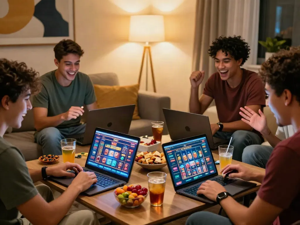 Friends enjoying online independent casinos not on GamStop in a cozy living room setting.