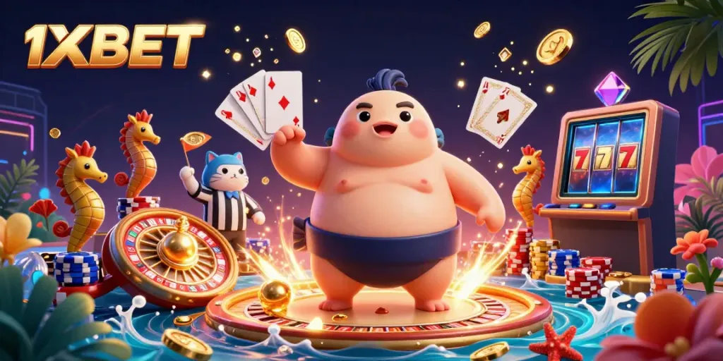 Engage with thrilling 1XBET gaming action as a fugu blows up, surrounded by coins and gems, under a wise catfish referee.