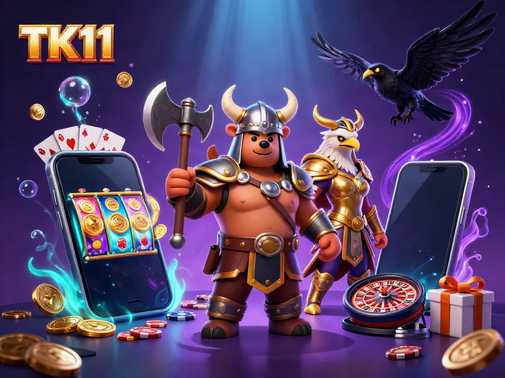 Engage with TK11 gaming excitement featuring a Viking berserker and magical elements amidst slot games.