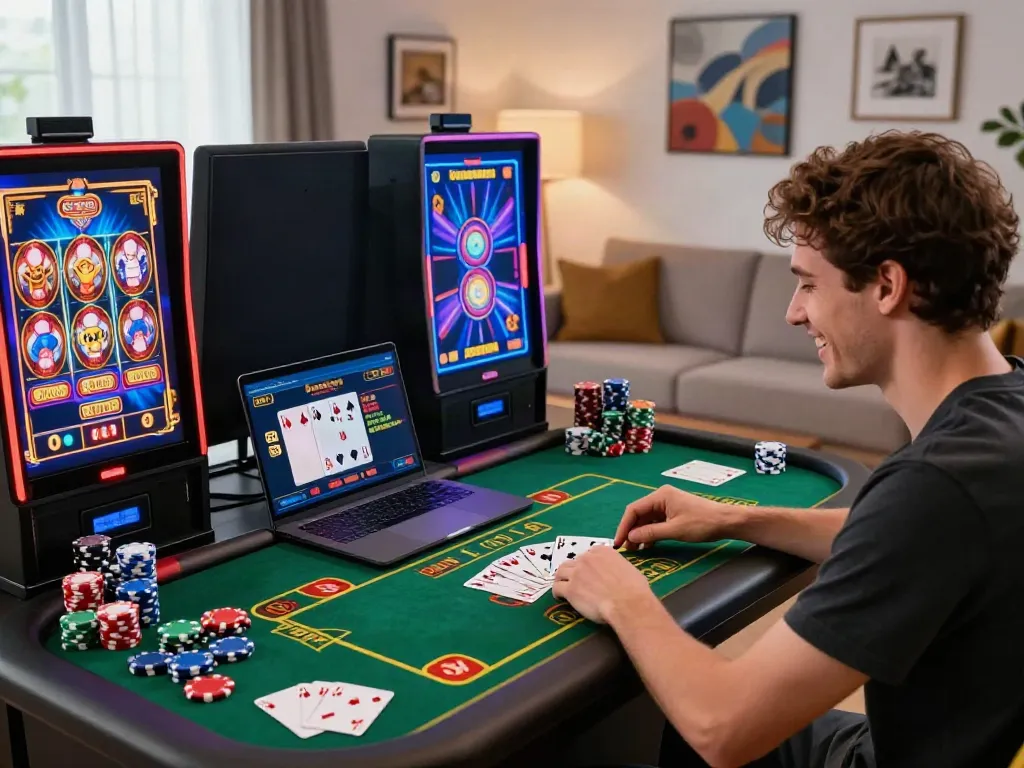 A player enjoying games at independent casinos not on GamStop in a stylish home setting, surrounded by gaming chips and vibrant graphics.