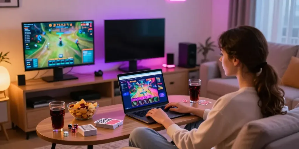 Engaging gaming environment featuring independent casinos not on gamstop, with a person playing online at home.