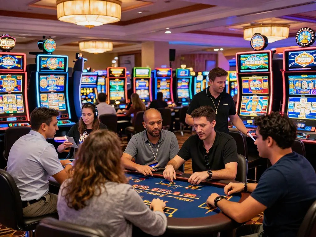 Players enjoying games at independent casinos not on GamStop with vibrant atmosphere and colorful slots.