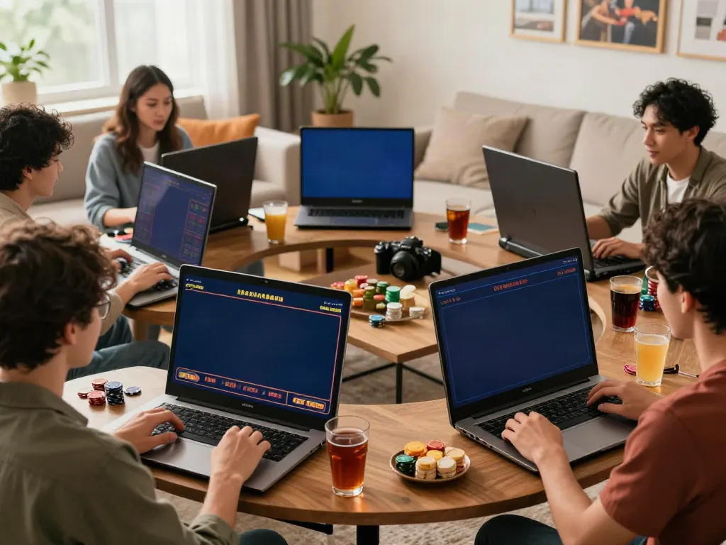 Engaging scene of players enjoying games at independent casinos not on gamstop in a cozy home setting.