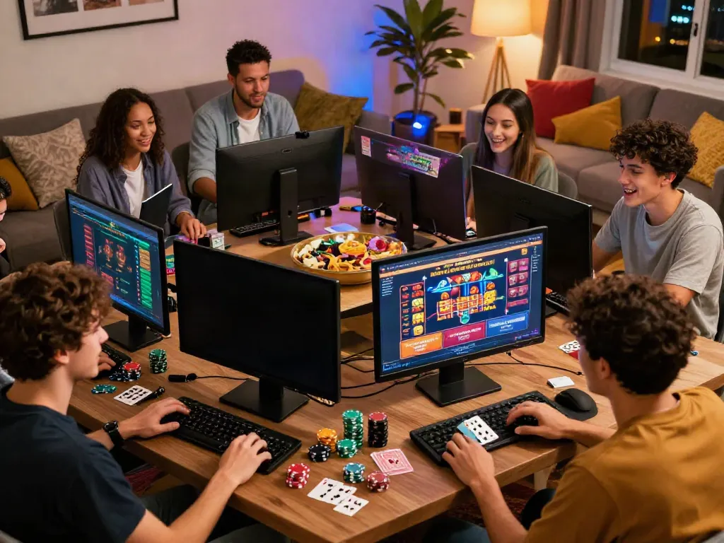 Friends enthusiastically discussing independent casinos not on GamStop in a cozy gaming setup.