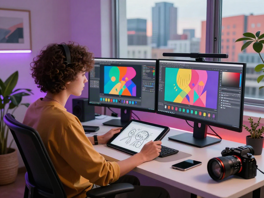 Designer creating AI NSFW art in a vibrant digital workspace with multiple screens.