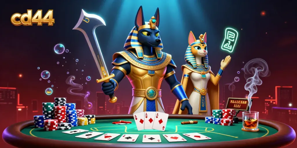 Engage with cd44 gaming scene featuring Anubis and Bastet at a poker table with vibrant casino elements.