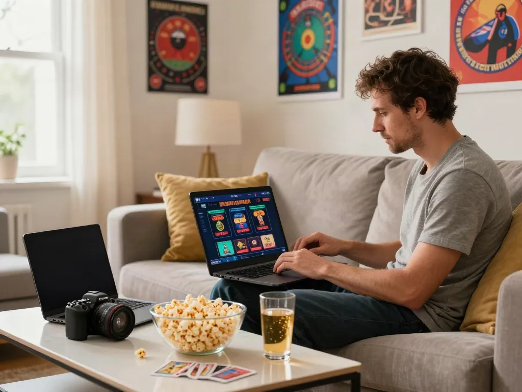 Man exploring independent casinos not on gamstop on a laptop in a cozy living room.