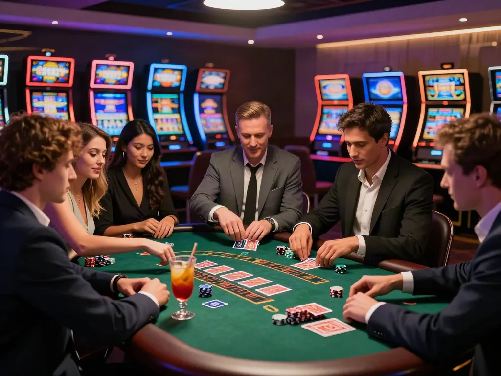 Exciting scene of a group enjoying games at independent casinos not on GamStop with vibrant decor and soft lighting.