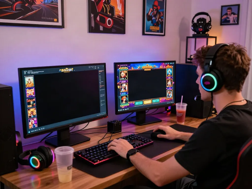 Engaging gaming scene with a player enjoying independent casinos not on GamStop, featuring vibrant graphics and gaming accessories.