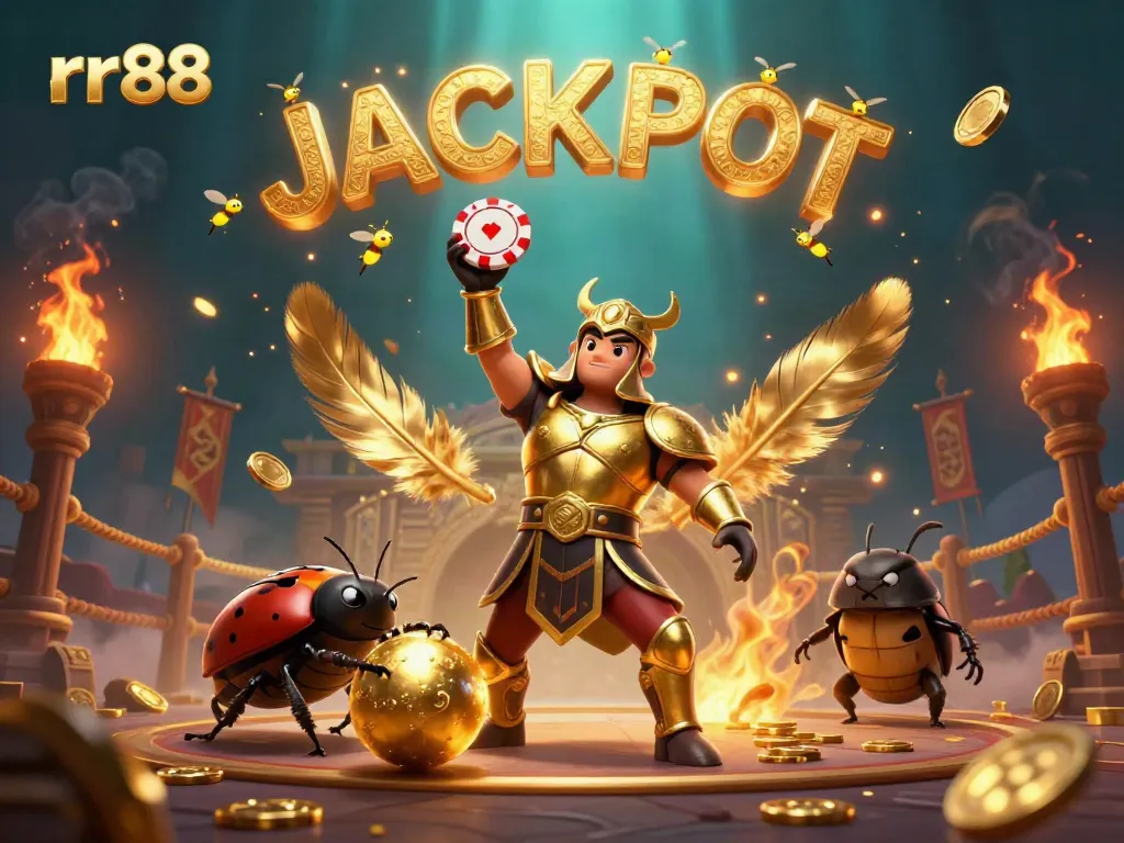 Experience rr88 with a 3D cartoon hercules beetle celebrating a jackpot alongside game elements.