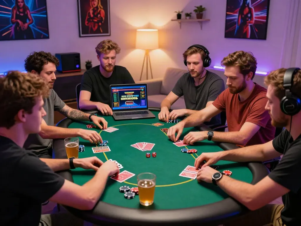 Friends enjoying games at independent casinos not on gamstop in a stylish gaming room.
