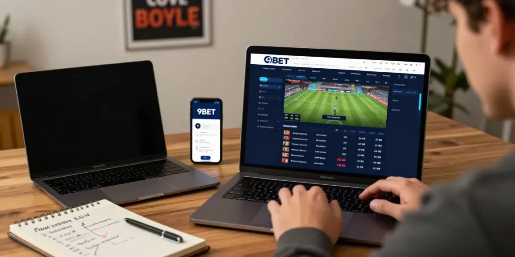Engaging with 9bet bet online on a laptop in a cozy workspace