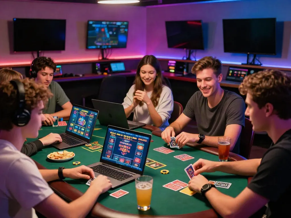 Friends enjoying card games at an independent casino not on GamStop, showcasing a vibrant atmosphere.
