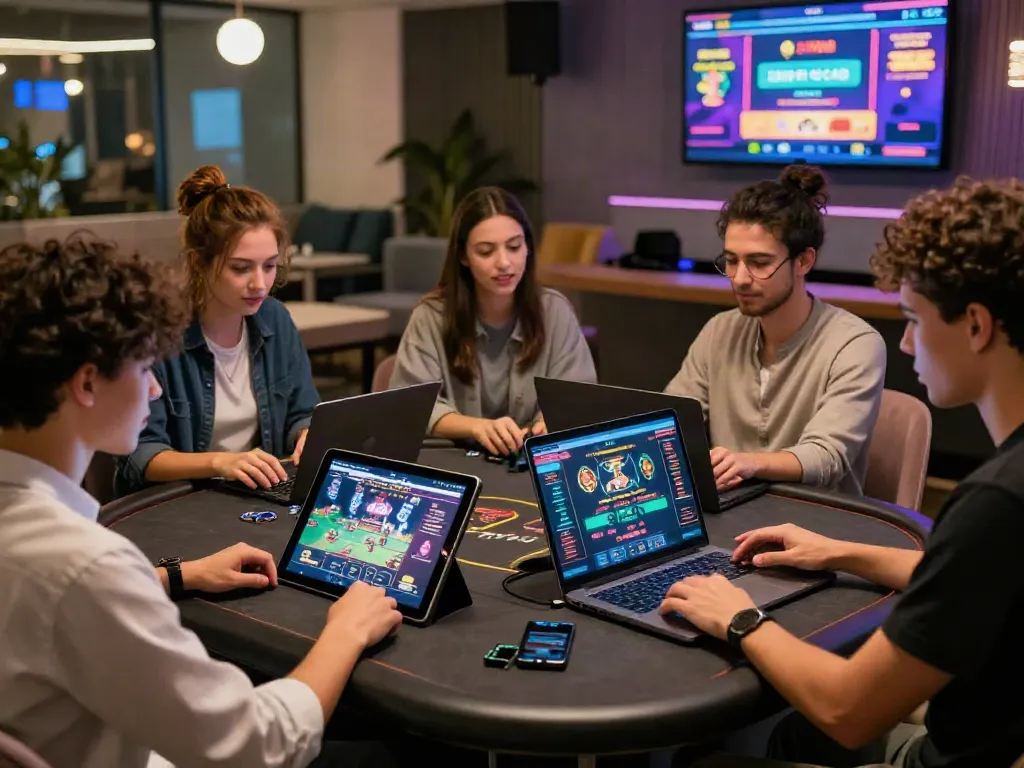 Exciting gaming scene at independent casinos not on GamStop, showcasing friends enjoying online gaming in a modern lounge.