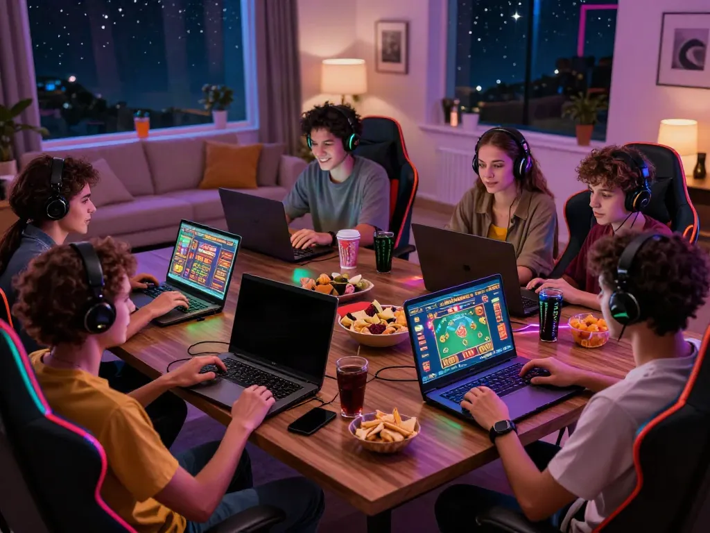Friends engaging with independent casinos not on gamstop in an online gaming room.