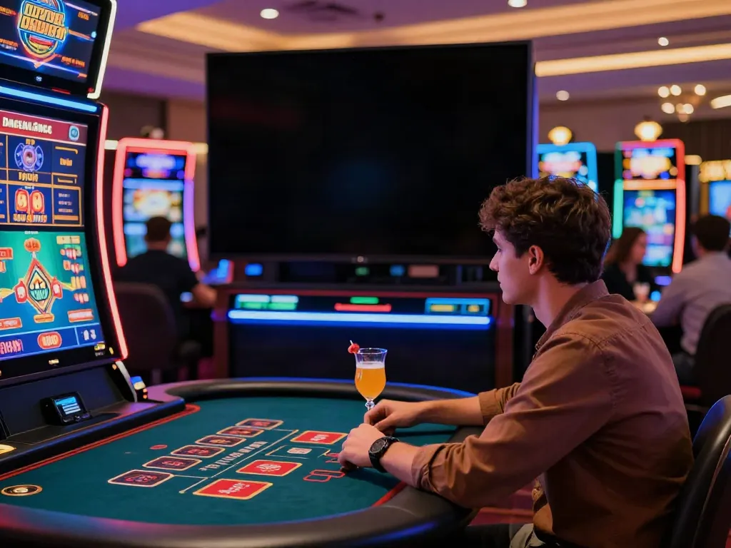 Relaxed player enjoying independent casinos not on GamStop in a vibrant casino setting.