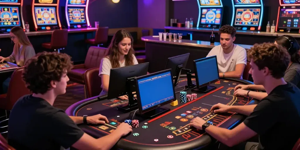 Friends enjoying independent casinos not on gamstop in a vibrant gaming lounge.