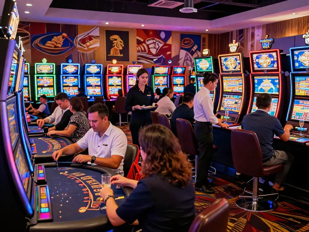 Exciting atmosphere at independent casinos not on GamStop with players at slot machines.