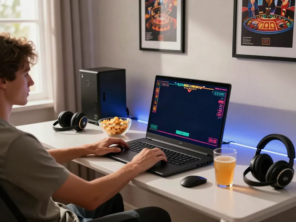 Person playing games at independent casinos not on gamstop in a stylish gaming setup.