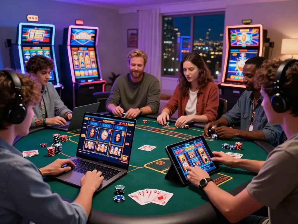 Players enjoying independent casinos not on GamStop in a cozy home setting.