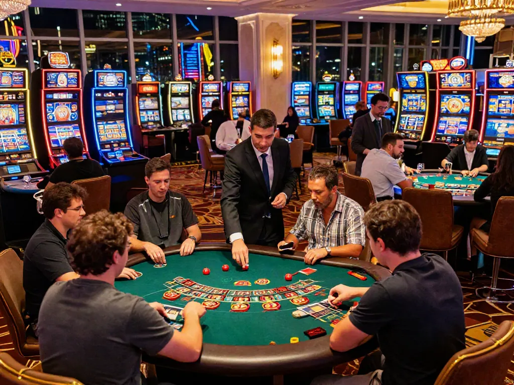Engaging scene of independent casinos not on GamStop with players actively enjoying games and vibrant ambiance.