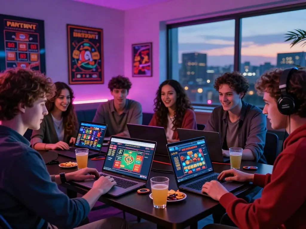 Friends enjoying games at independent casinos not on GamStop during a lively gathering.