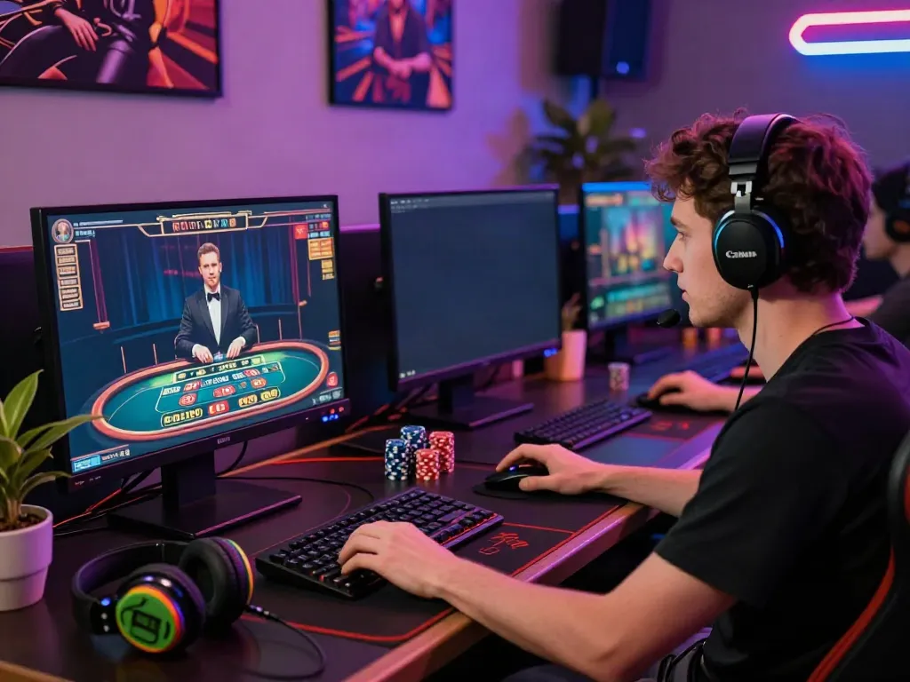 Engaging gaming scene at an independent casino not on GamStop, showcasing a player focused on a live dealer game.
