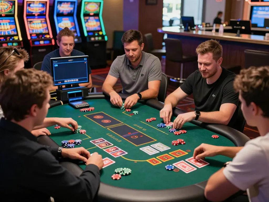 Enthusiastic players at an independent casino not on GamStop enjoying a vibrant live game atmosphere.