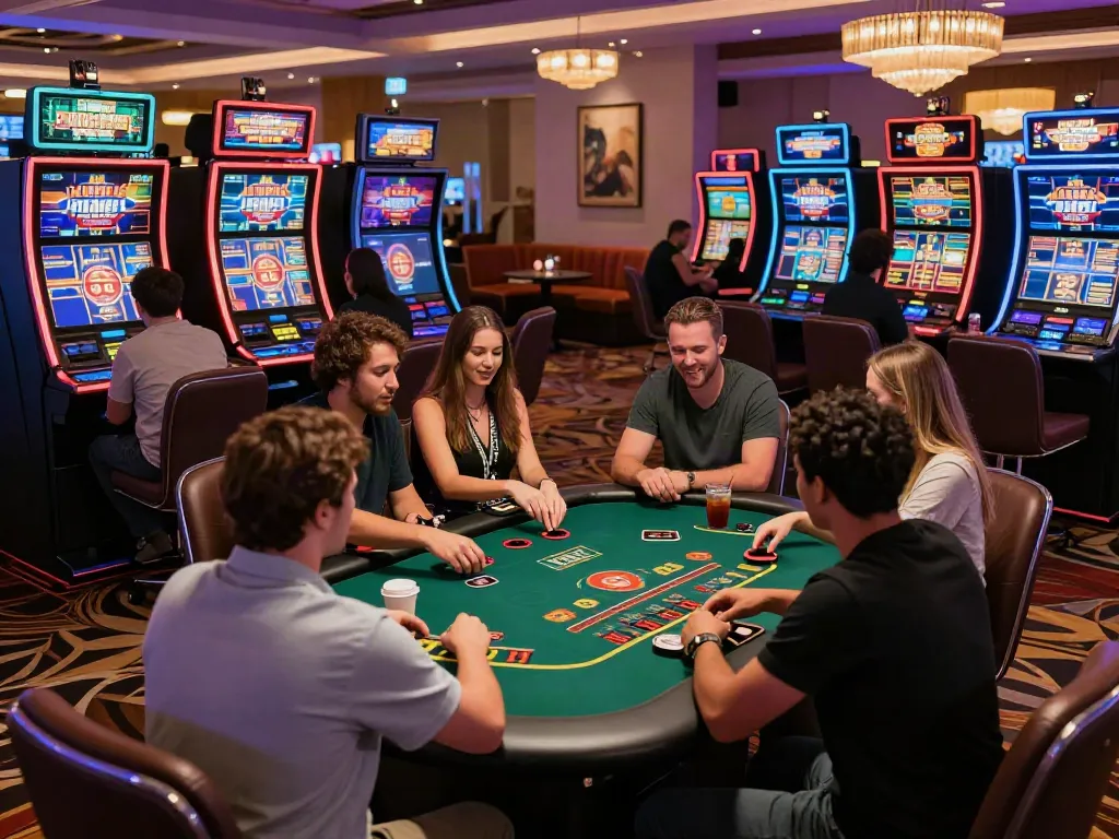 Exciting scene at independent casinos not on GamStop with diverse players enjoying blackjack and vibrant game interfaces.