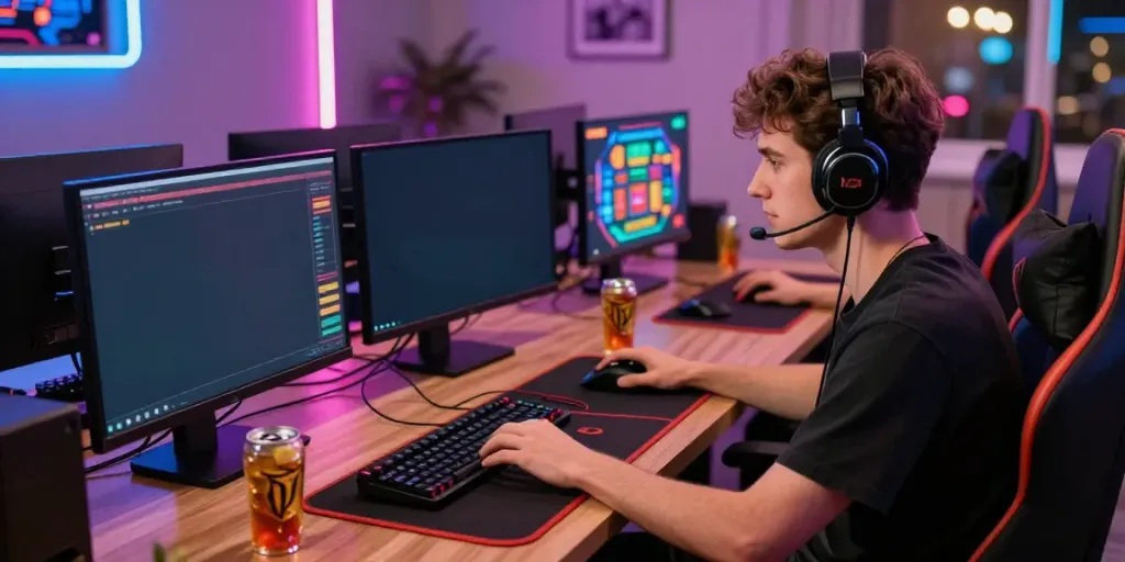 Engaging scene of online gambling at independent casinos not on GamStop with vibrant gaming setup.