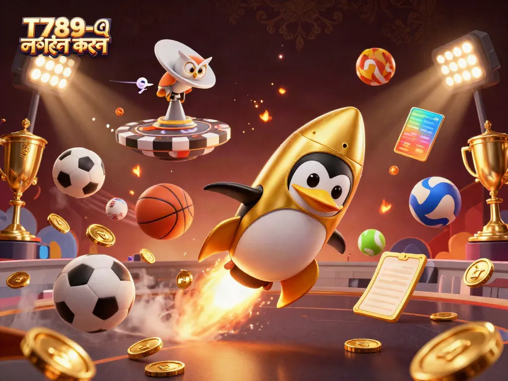 T789-এ লগইন করুন with a cartoon penguin rocket blasting coins towards a casino space station.