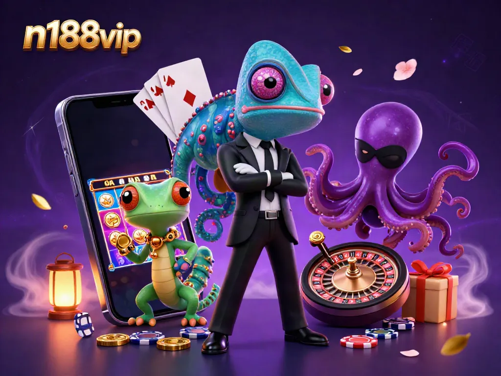 N188vip showcases a thrilling scene with a colorful slot game and animated casino characters.