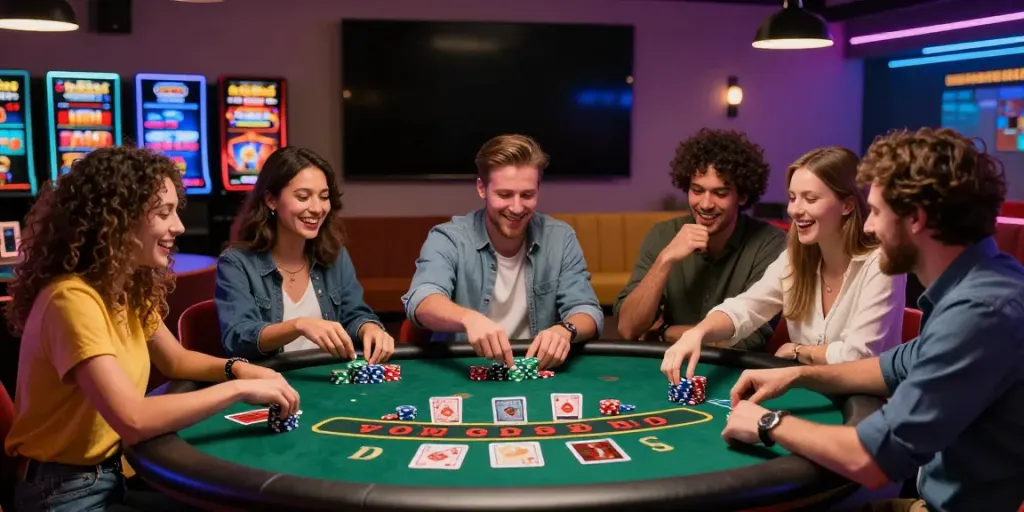Group of friends enjoying games at independent casinos not on GamStop with vibrant atmosphere